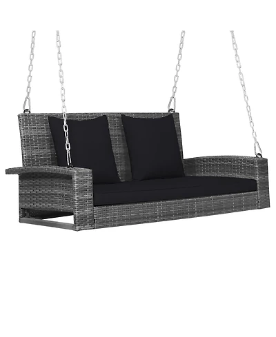 Gymax 2-Person Patio Hanging Porch Swing Rattan 800LBS Bench w/ Cushions