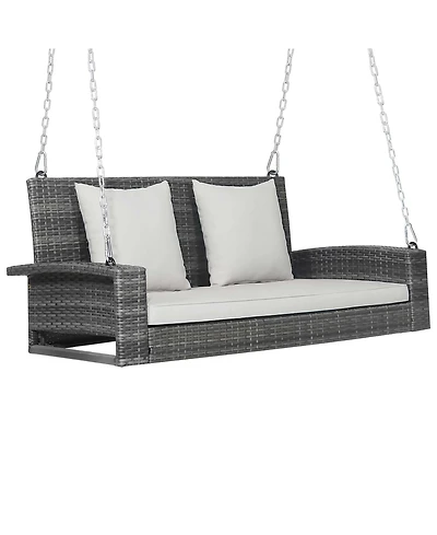 Gymax 2-Person Patio Hanging Porch Swing Rattan 800LBS Swing Bench w/ Cushions