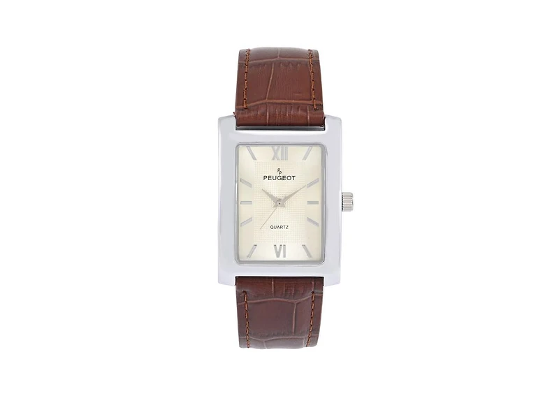 Peugeot Men's 30X40mm Silver Tank Shape Watch with Textured Dial Brown Leather Strap