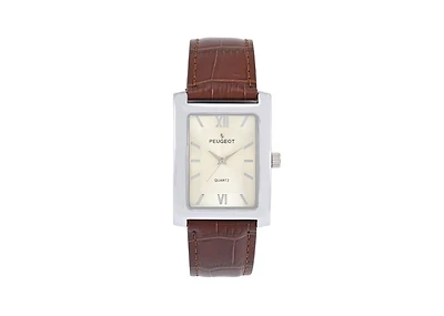Peugeot Men's 30X40mm Silver Tank Shape Watch with Textured Dial Brown Leather Strap