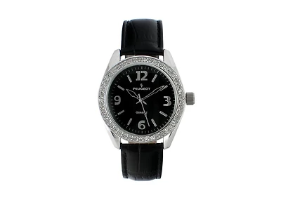 Peugeot Women's Black Watch 40mm Bold Crystal Bezel Leather Strap