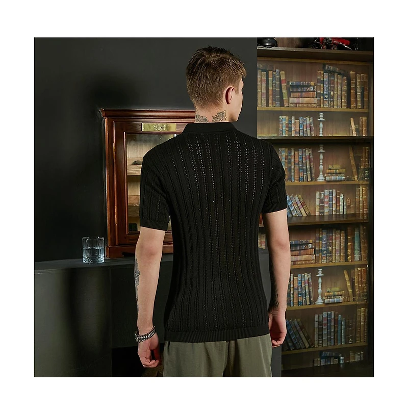 Campus Sutra Men's Obsidian Black Stripe-Textured Polo T-Shirt