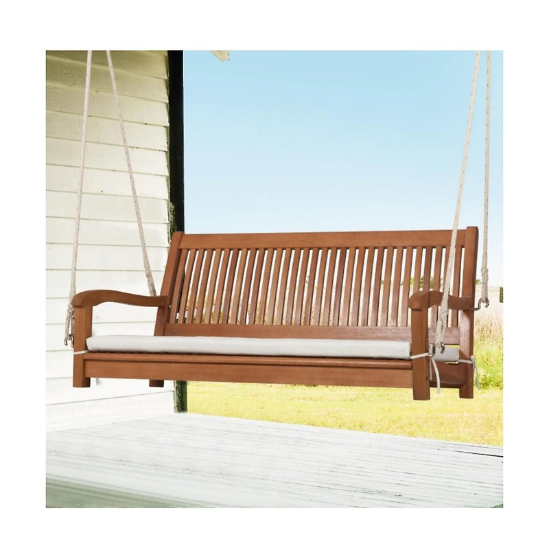2-Person Hanging Porch Swing Wood Bench with Cushion Curved Back
