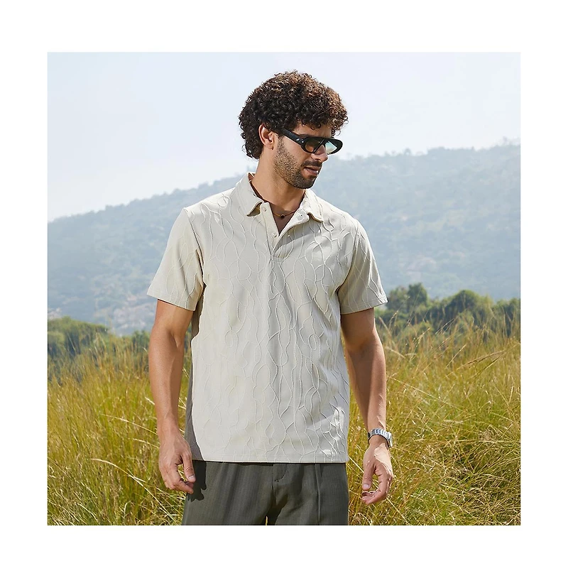 Campus Sutra Men's Cream White Veined-Tactile Polo T-Shirt