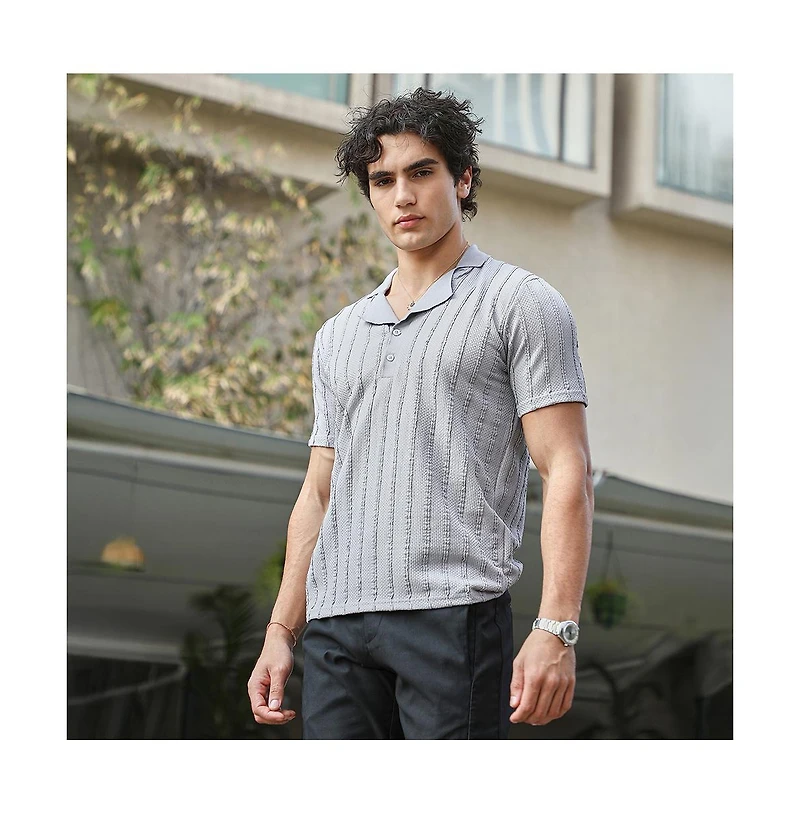 Campus Sutra Men's Coin Grey Wicker-Tactitle Polo T-Shirt