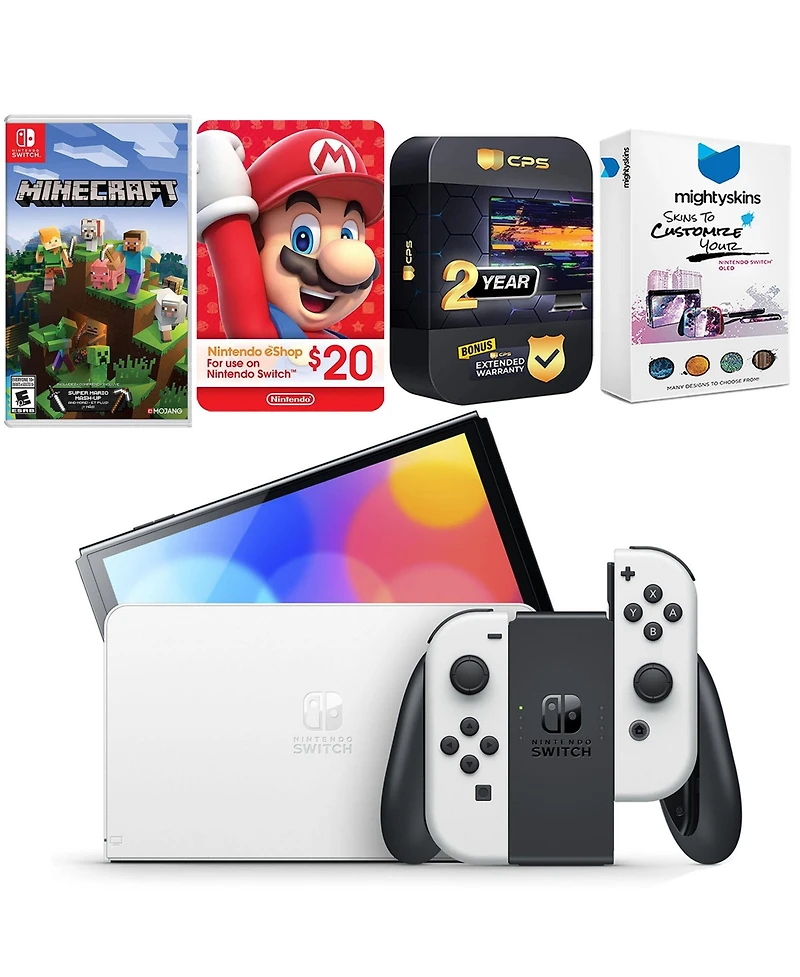 Nintendo Switch White Oled Console with Minecraft: Switch Edition, Nintendo $20 eShop Gift Card, MightySkins Console and Controller Skin Voucher, and