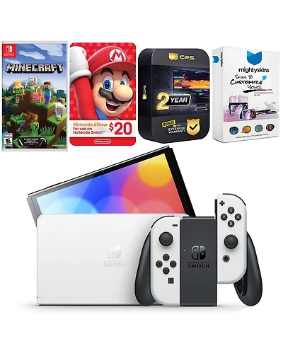 Nintendo Switch White Oled Console with Minecraft: Switch Edition, Nintendo $20 eShop Gift Card, MightySkins Console and Controller Skin Voucher, and