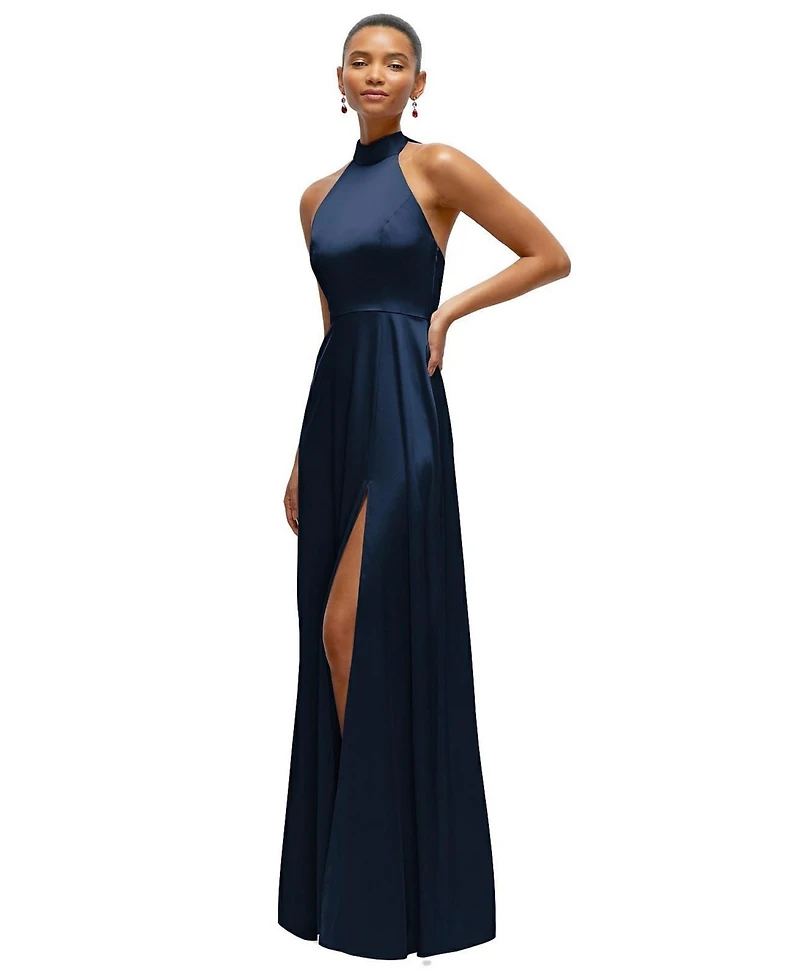 After Six Women's Band Collar Halter Open Back Fluid Satin Maxi Dress with Self-Tie Bow
