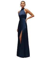 After Six Women's Band Collar Halter Open Back Fluid Satin Maxi Dress with Self-Tie Bow