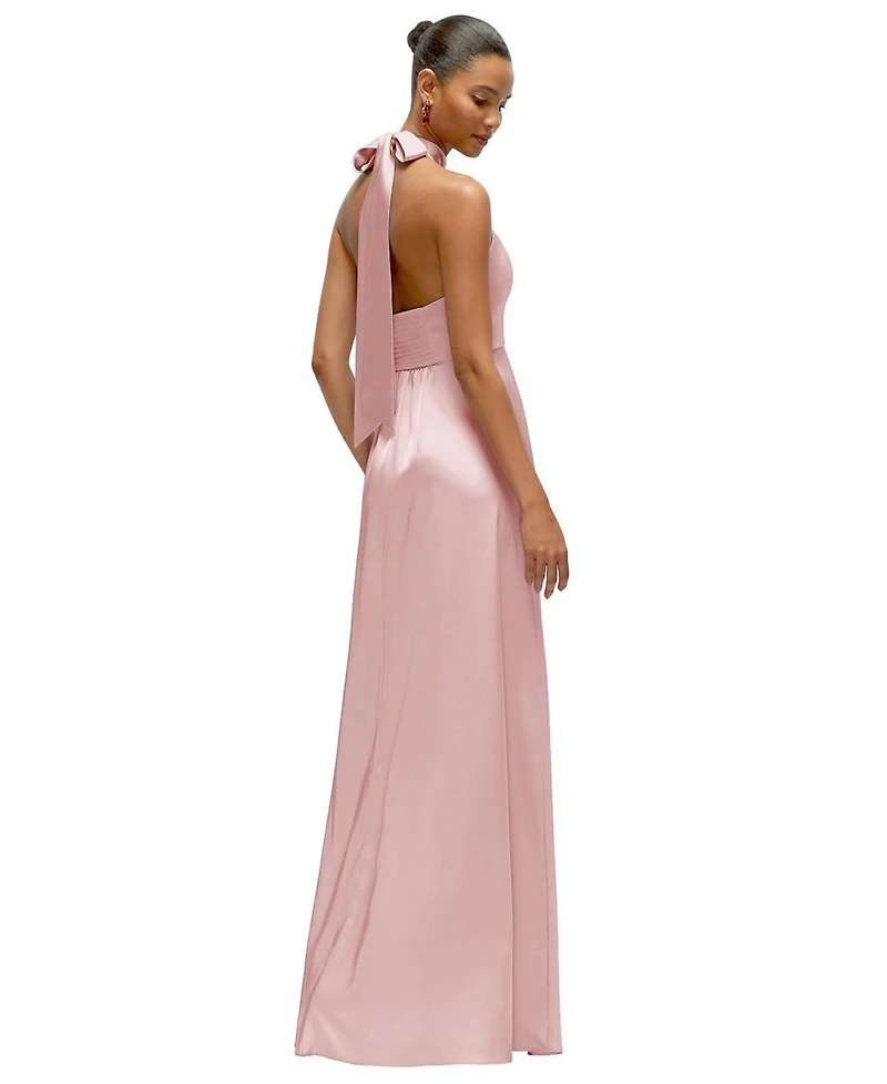 After Six Women's Band Collar Halter Open Back Fluid Satin Maxi Dress with Self-Tie Bow