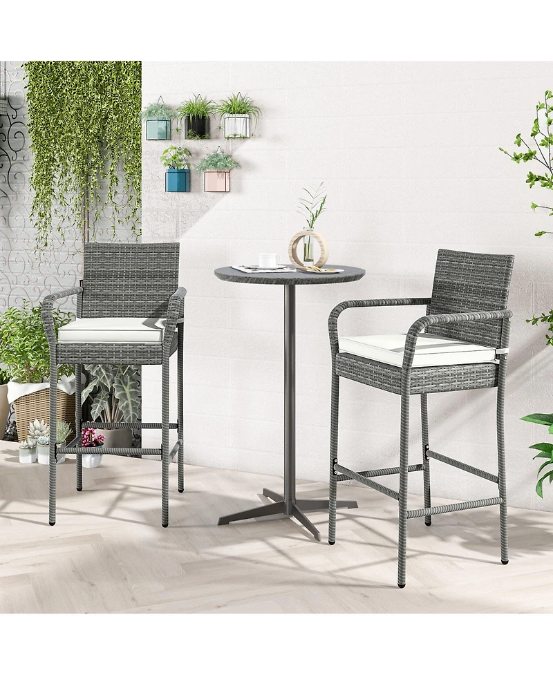 Set of 2 Patio Barstools – Wicker Outdoor Chairs with Cushions & Armrests
