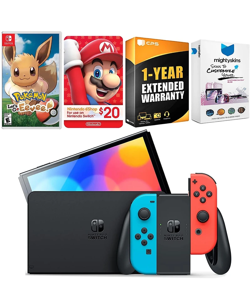 Nintendo Switch Neon Red & Blue Oled Console with Pokemon Let's Go, Eevee!, Nintendo $20 eShop Gift Card