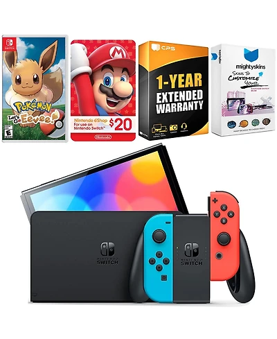 Nintendo Switch Neon Red & Blue Oled Console with Pokemon Let's Go, Eevee!, Nintendo $20 eShop Gift Card