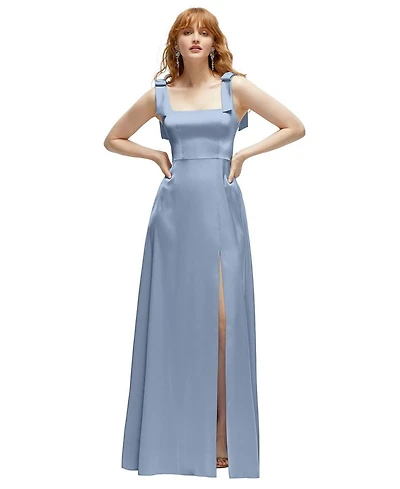 After Six Women's Square Neck Fluid Satin Maxi Dress with Bow Straps