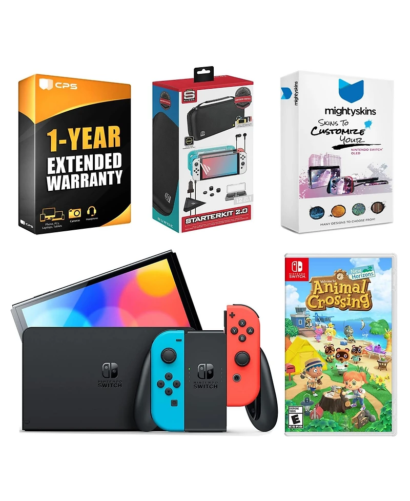 Nintendo Switch Neon Red & Blue Oled Console with The Legend of Zelda: Link's Awakening, Surge 12-in-1 Accessory Starter Kit 2.0