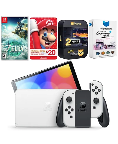 Nintendo Switch White Oled Console with The Legend Of Zelda Tears of the Kingdom, Nintendo $20 eShop Gift Card, MightySkins Console and Controller Ski