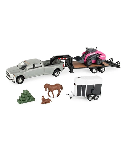 Ertl 1/32 Case SV340B Skid Steer on Flatbed Trailer with Ram Pickup & Accessories