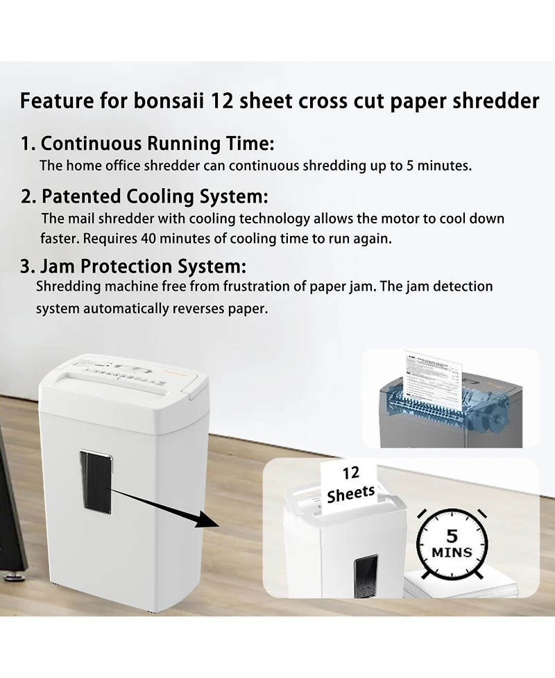 Bonsaii Heavy-Duty Cross-Cut Shredder, Handles up to 12 Sheets at Once, Providing P-4 high Security, Credit Cards, Mail & taples, 5.5-Gallon bin with