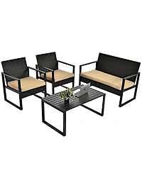 Gymax 4PCS Outdoor Wicker Rattan Furniture Set Patio Conversation Set With Cushions