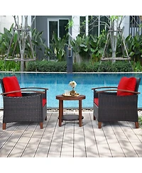Gymax 3PCS Patio Wicker Rattan Conversation Set Outdoor Furniture Set w/ Red Cushion