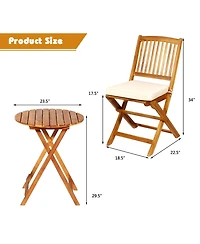 Gymax 3PCS Folding Acacia Wood Bistro Set Patio Conversation Set w/ Cushions