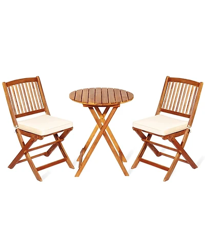 Gymax 3PCS Folding Acacia Wood Bistro Set Patio Conversation Set w/ Cushions