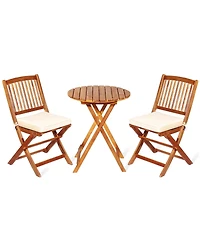 Gymax 3PCS Folding Acacia Wood Bistro Set Patio Conversation Set w/ Cushions