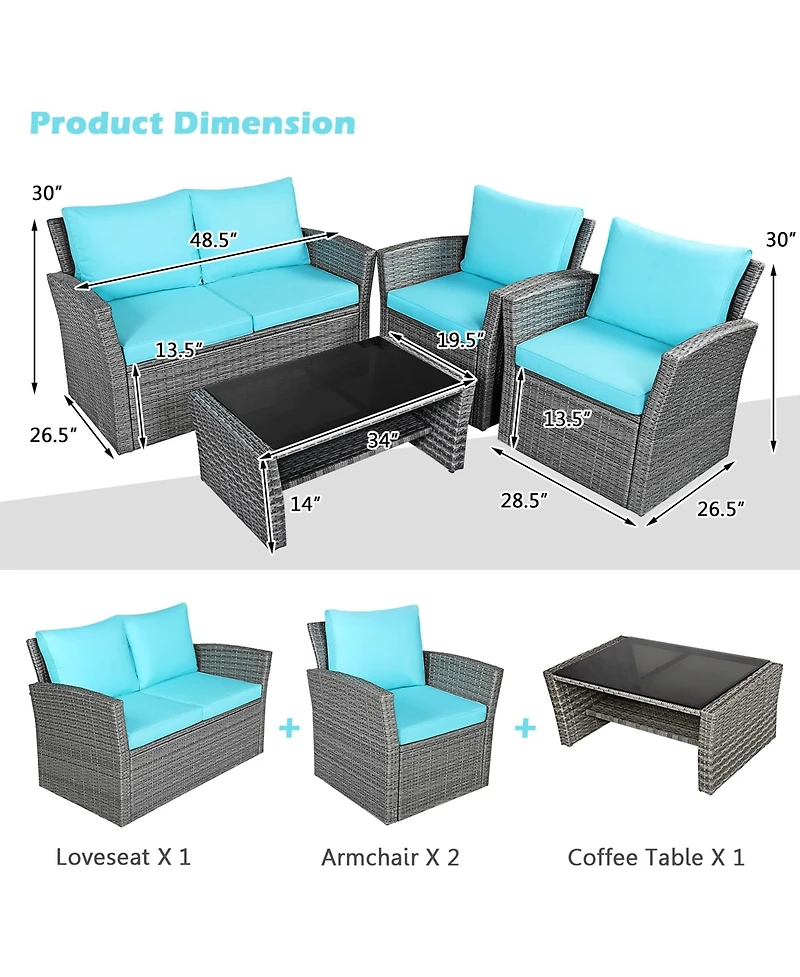 Gymax 4PCS Patio Rattan Conversation Set Outdoor Furniture Set w/ Turquoise Cushions