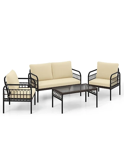 Gymax 4 Piece Patio Wicker Conversation Bistro Set Furniture Set w/ Cushions