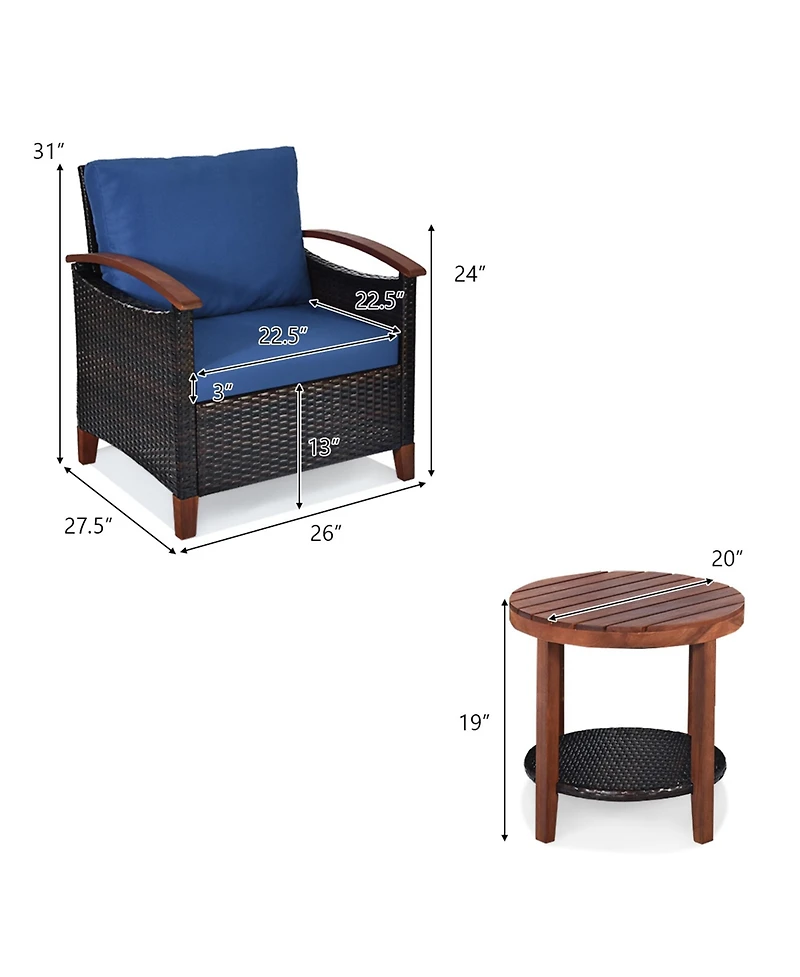 Gymax 3PCS Patio Wicker Rattan Conversation Set Outdoor Furniture Set w/ Cushion