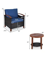 Gymax 3PCS Patio Wicker Rattan Conversation Set Outdoor Furniture Set w/ Cushion