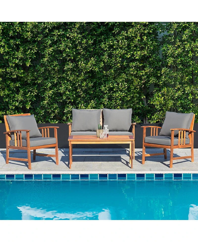 Gymax 4pcs Wooden Patio Furniture Set Table & Sectional Sofa Garden