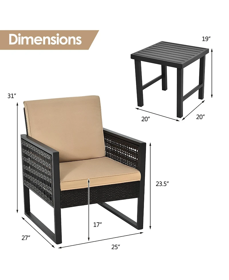 Gymax 3Pieces Rattan Outdoor Bistro Set Patio Conversation Furniture Set with Cushions