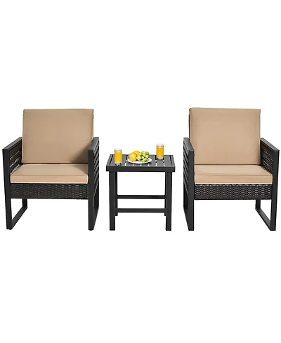 Gymax 3Pieces Rattan Outdoor Bistro Set Patio Conversation Furniture Set with Cushions