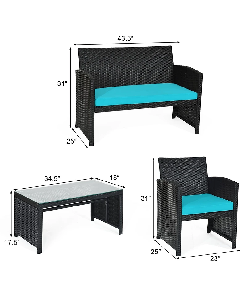 Gymax 4PCS Rattan Outdoor Conversation Set Patio Furniture Set w/ Turquoise Cushions