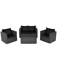 Gymax 4 Piece Rattan Outdoor Furniture Set Patio Conversation Set Cushions and Coffee Table