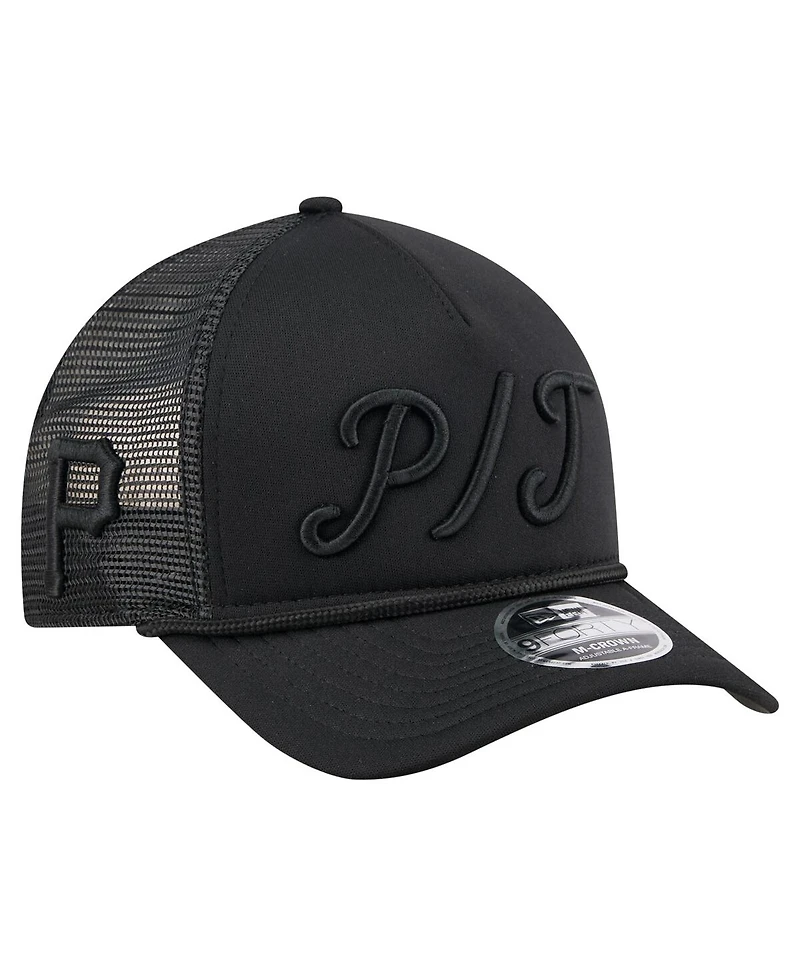 New Era Men's Black Pittsburgh Pirates City Initial 9FORTY A-Frame M-Crown Adjustable Trucker Hat