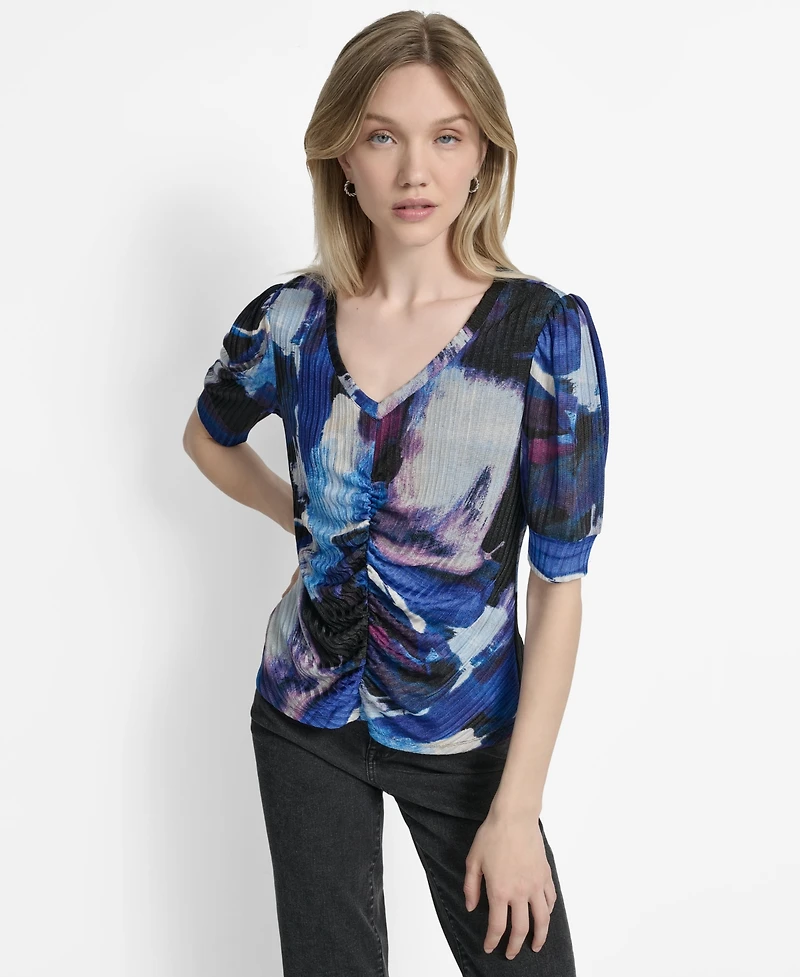 Dkny Women's Printed Puff-Sleeve Ruched Top