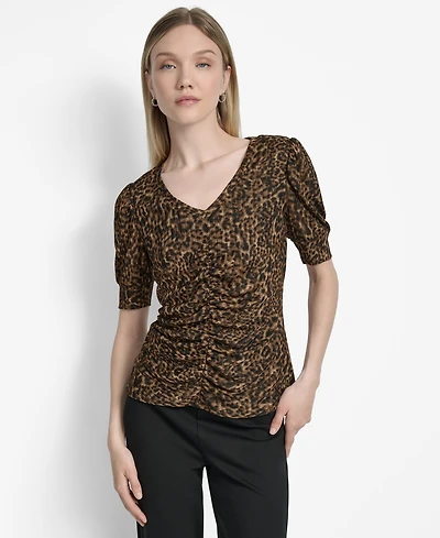 Dkny Women's Printed Puff-Sleeve Ruched Top