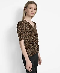 Dkny Women's Printed Puff-Sleeve Ruched Top