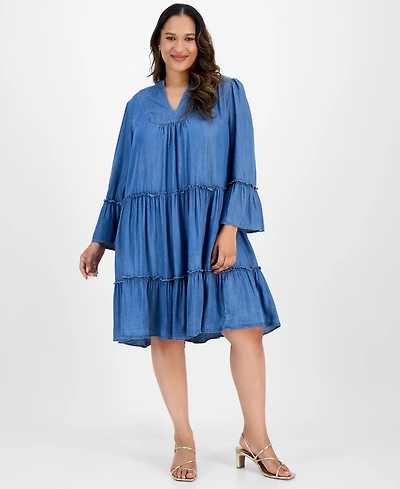 Robbie Bee Plus Tiered Denim Shift Dress