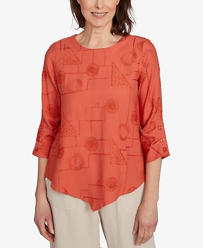 Alfred Dunner Women's Copper Canyon Metallic Embroidered Geometric Top