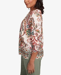 Alfred Dunner Women's Copper Canyon Textured Scroll Border Ruched Sleeves Top