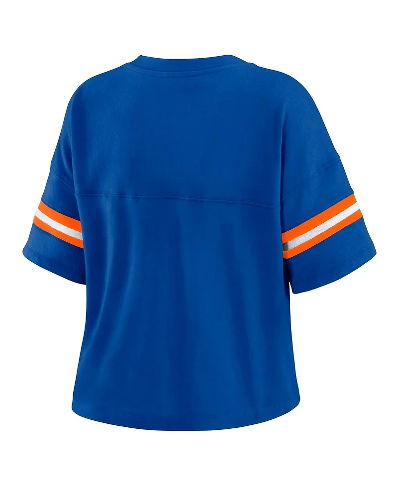 Wear by Erin Andrews Women's Blue New York Knicks Color Block Boxy V-Neck T-Shirt
