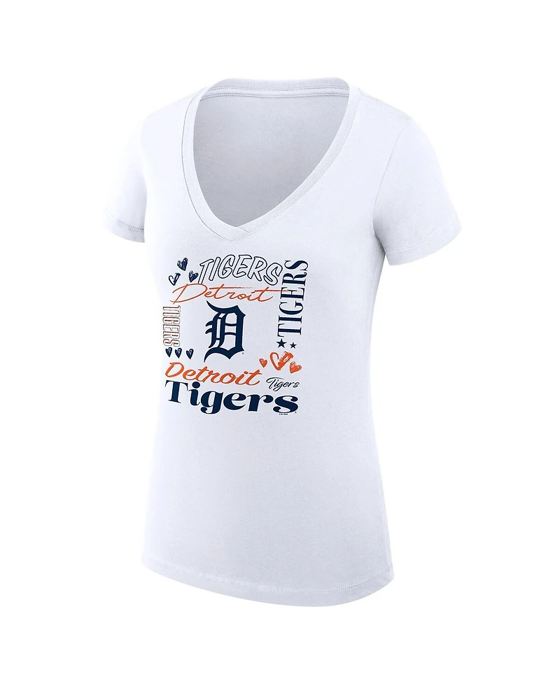 G-iii 4Her by Carl Banks Women's White Detroit Tigers Collage Team Graphic V-Neck Fitted T-Shirt
