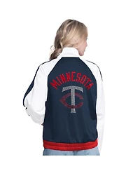 G-iii Sports by Carl Banks Women's White/Navy Minnesota Twins Rally Rhinestone Raglan Full-Zip Track Jacket