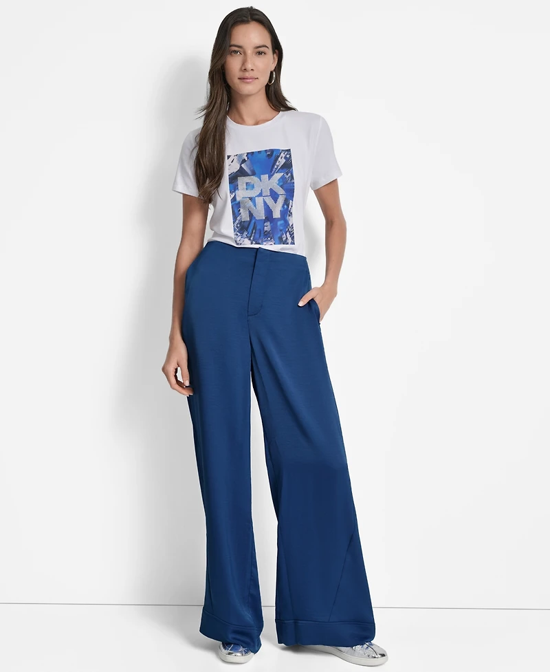 Dkny Women's Glazed High Rise Seamed-Cuff Wide-Leg Pants