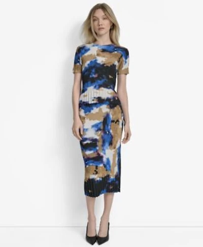 Dkny Womens Printed Mix Rib Short Sleeve Sweater Printed Rib Knit Midi Skirt
