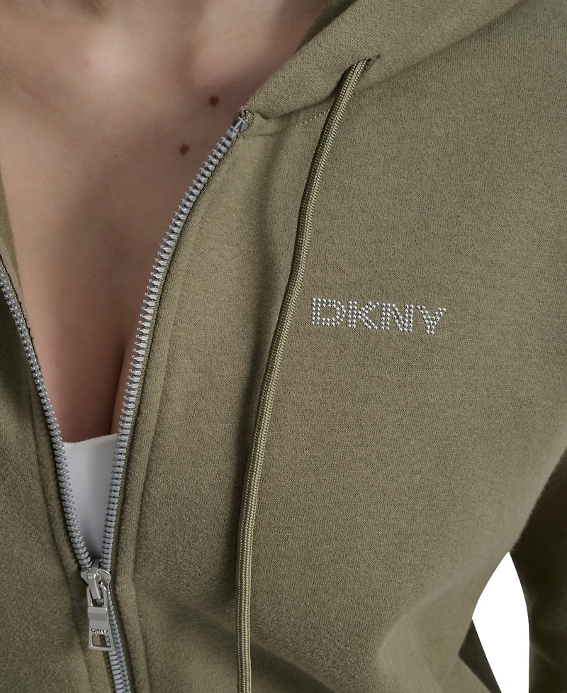 Dkny Sport Women's Studded Mini-Logo Full-Zip Fleece Hoodie