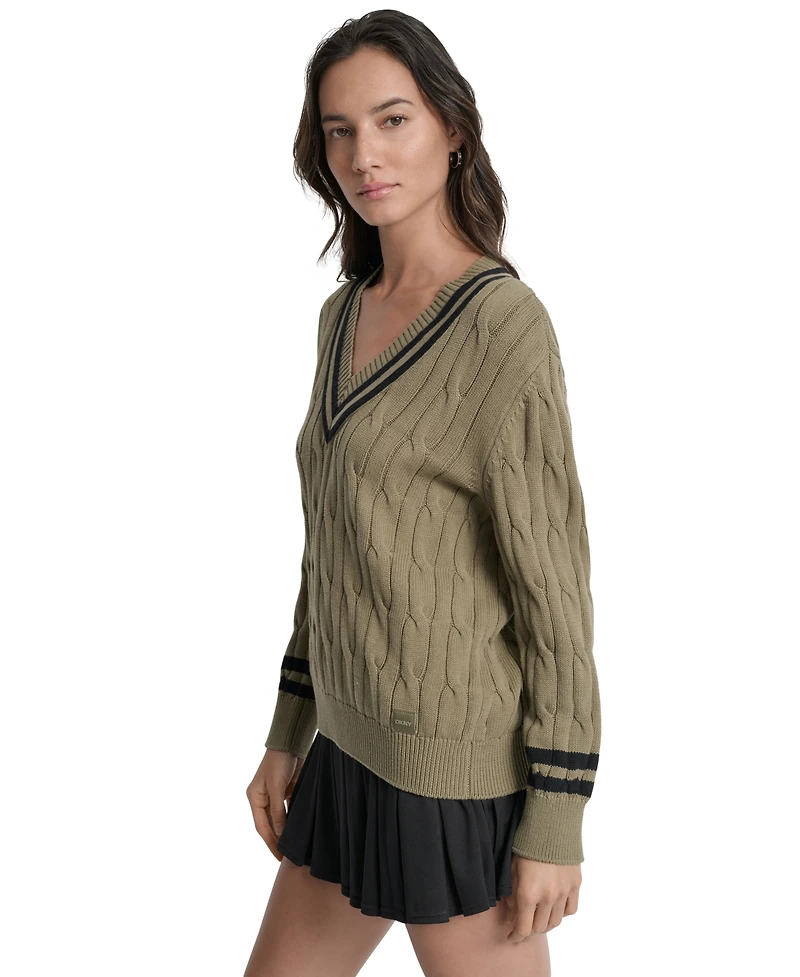 Dkny Sport Women's Cotton Cable Knit V-Neck Sweater